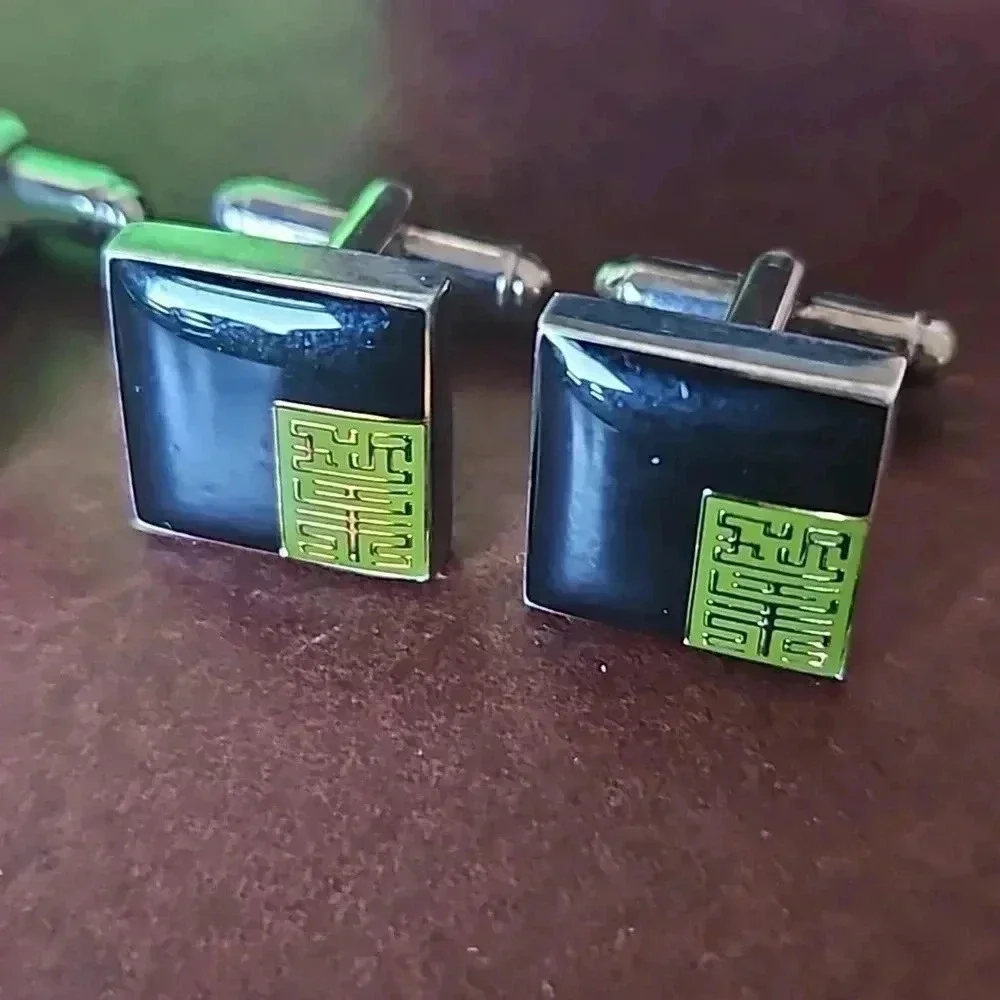2 sets of Shanghai Tang Cufflinks Black & Red/Green Square with Silver Star Box